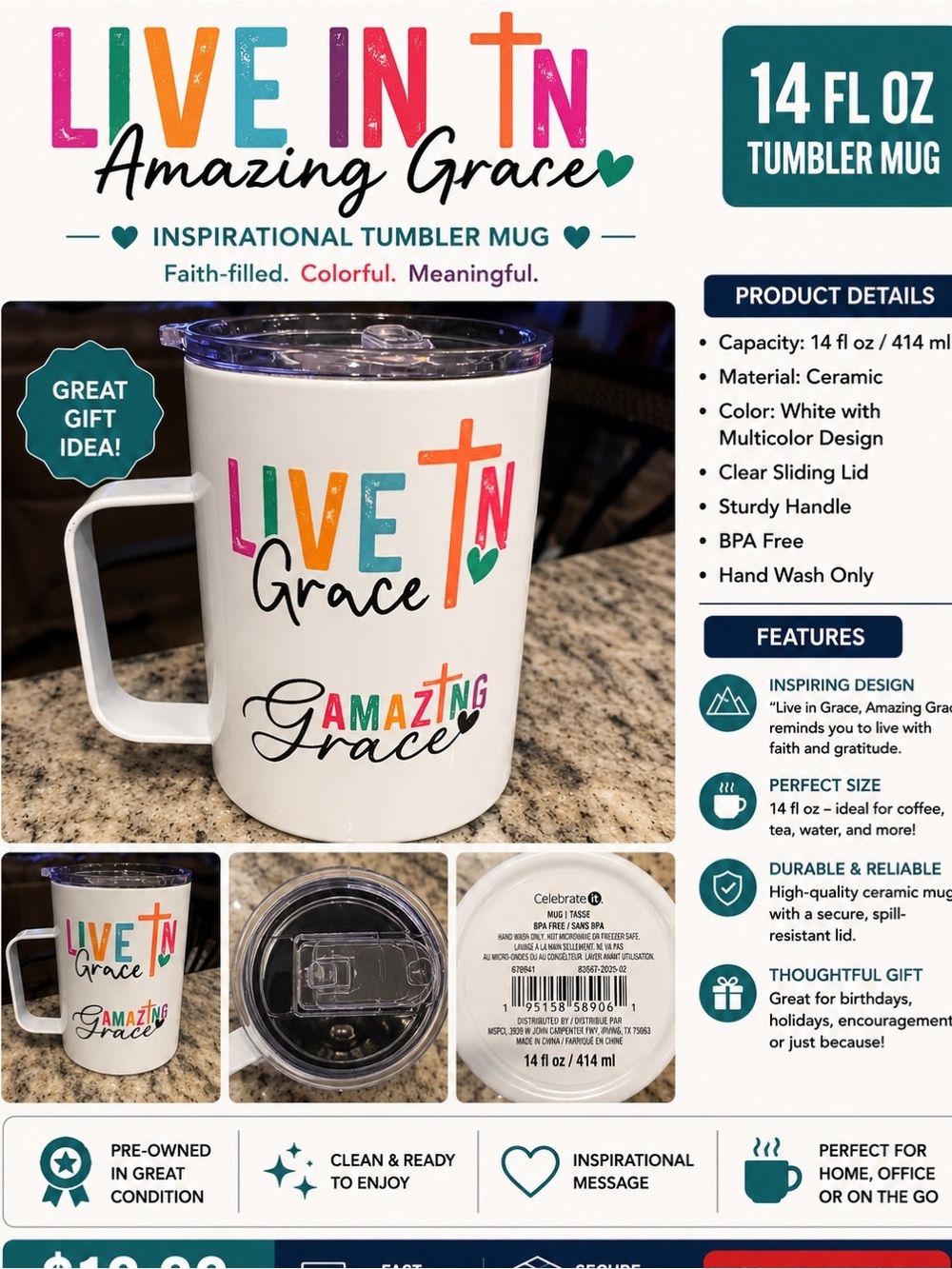 FAITH Hand Crafted White Ceramic Tumbler Mug with Multicolor Lettering